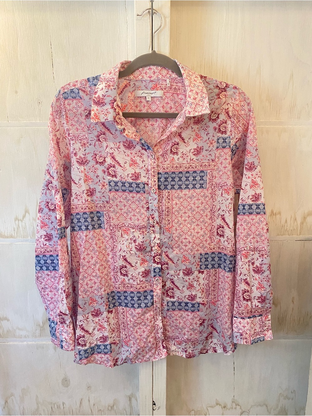 Foxcroft Size 12 Pink and Blue Patchwork-Print Button Down Shirt Cottagecore